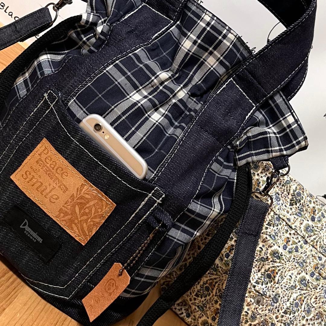 デニムリメイク タータンチェック 巾着 ショルダーバッグ ★2wayハンドメイド