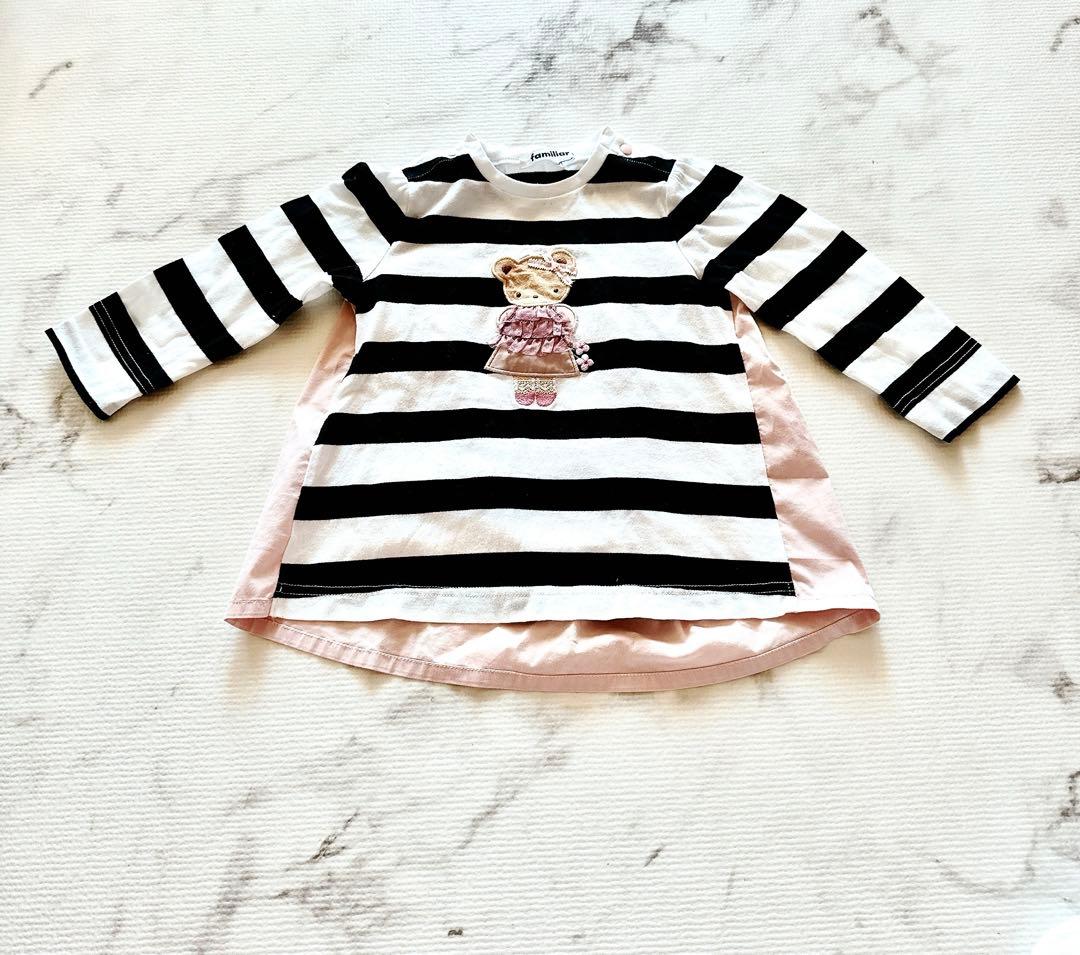 【現行品】 familiar ストライプ クマ刺繍 ワンピース 90
