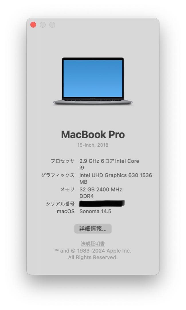 MacBook Pro 15インチ 2018 Core i9/32GB/1TB