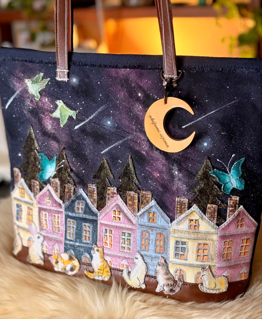 みーこ(^ー^)\"夜な夜なねこの集会\"ネコ夜空のトートバッグ