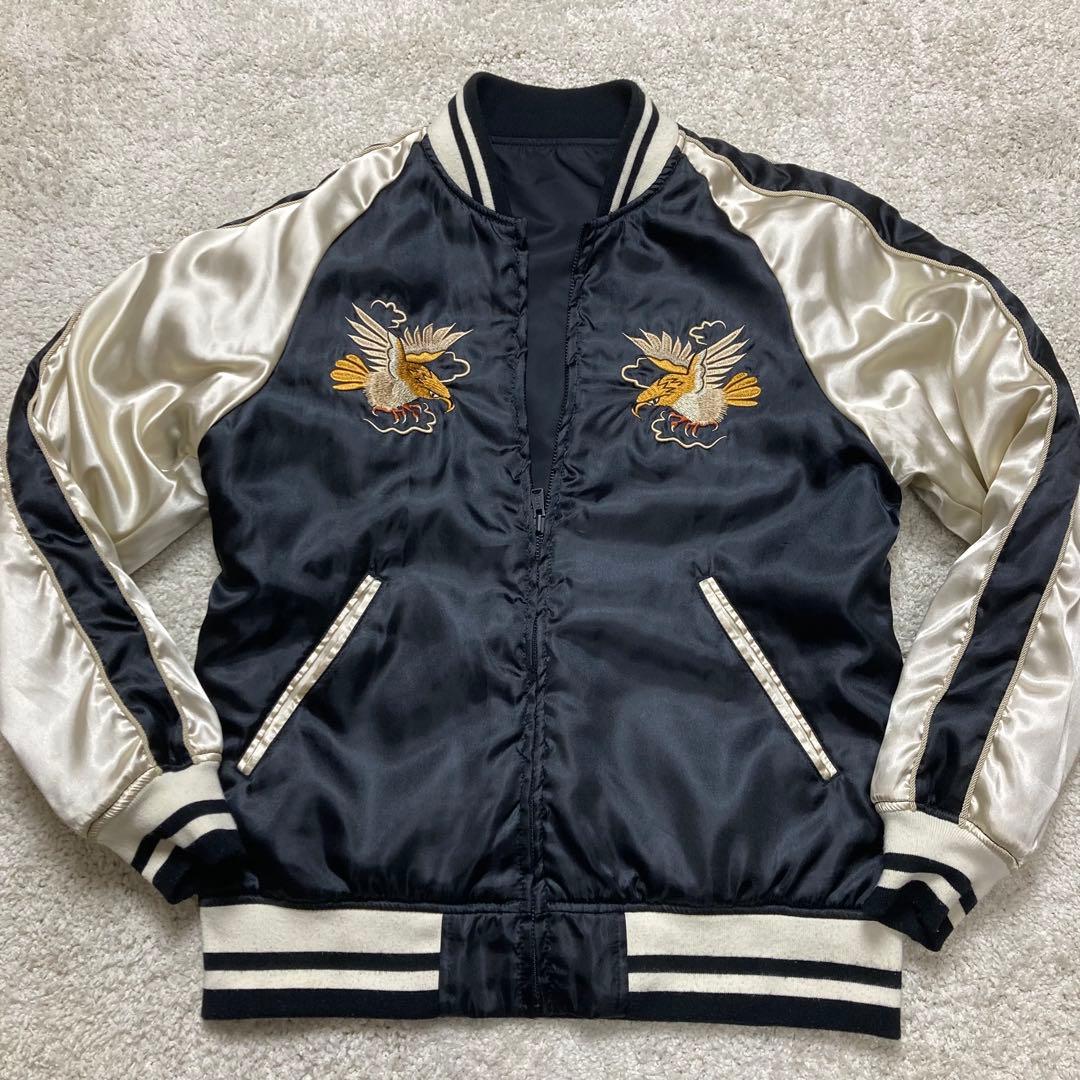 アルファインダストリーズ　スカジャン L　リバーシブル　黒 シルバー 鷹 刺繍