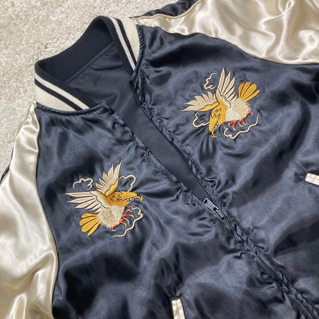 アルファインダストリーズ　スカジャン L　リバーシブル　黒 シルバー 鷹 刺繍