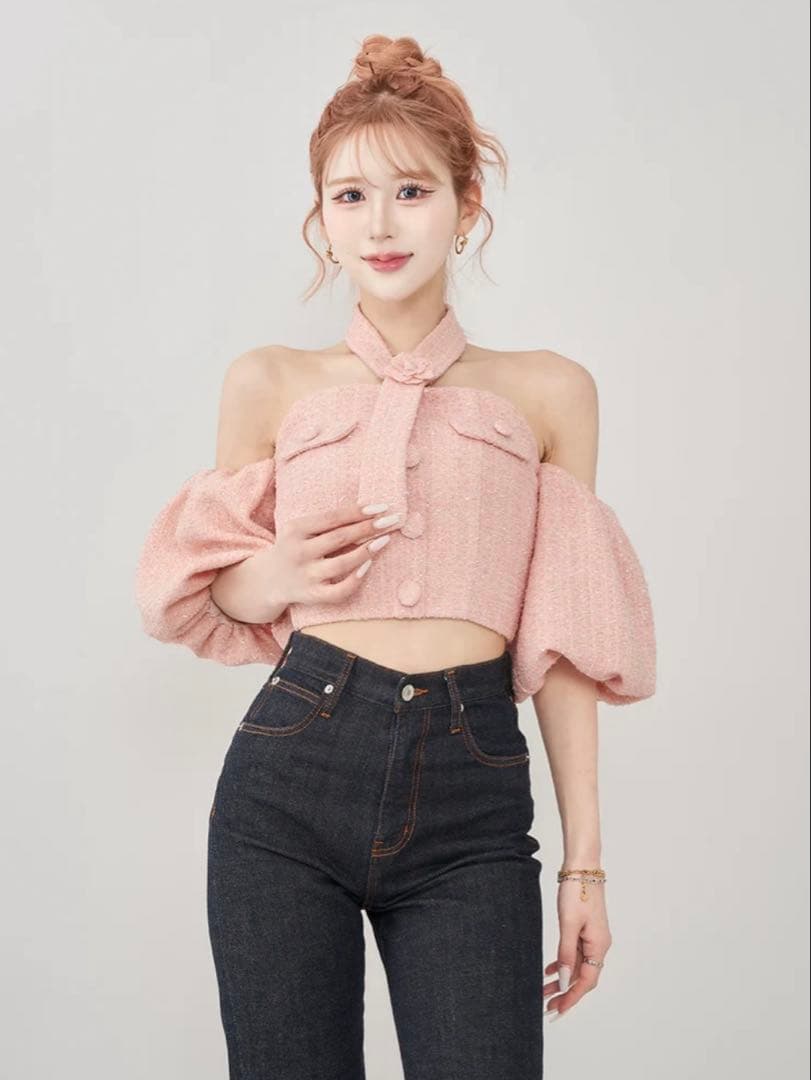 Darich ホルターネックオフショルツイードトップス　pink