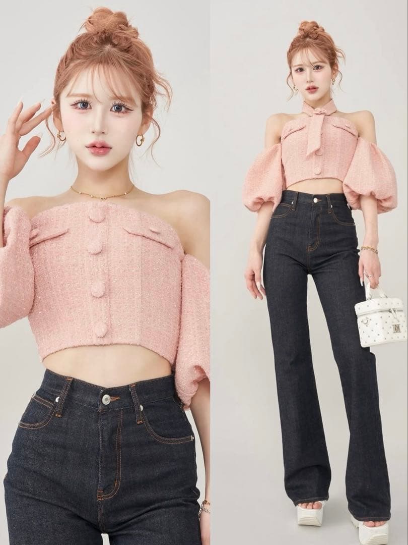 Darich ホルターネックオフショルツイードトップス　pink