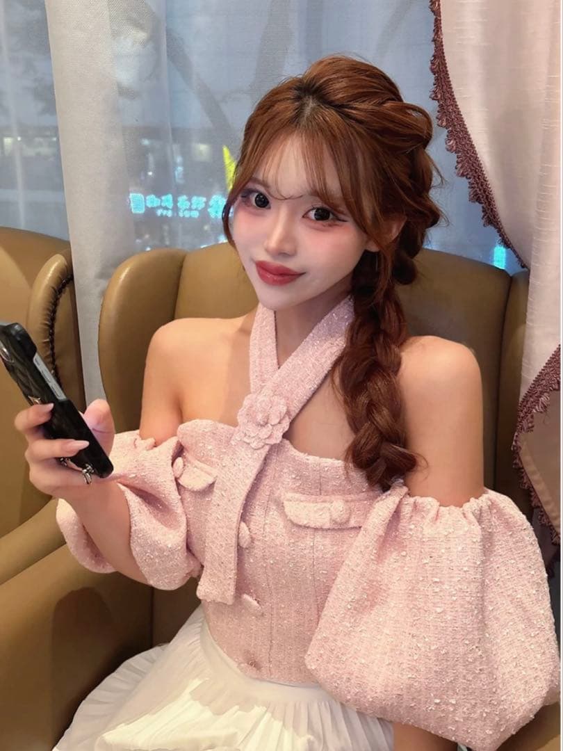 Darich ホルターネックオフショルツイードトップス　pink