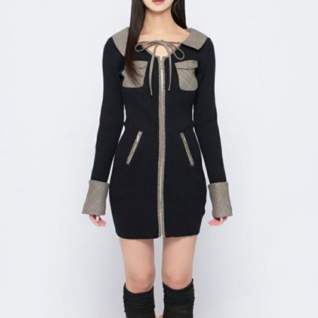 bubbles フロントジップニットワンピース ミニワンピース ブラック