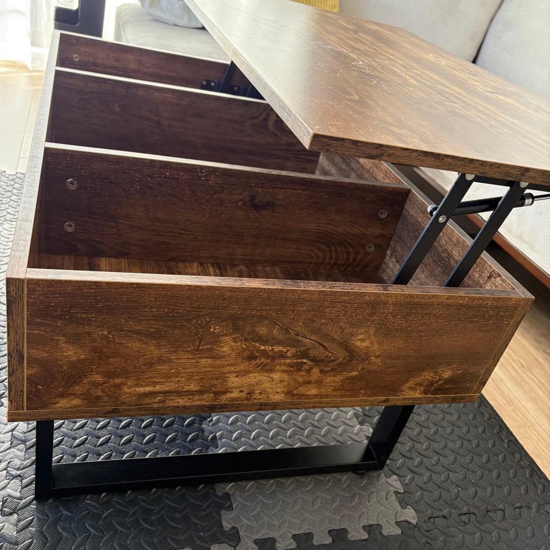 昇降式ローテーブル ブラウン木目調 収納付き