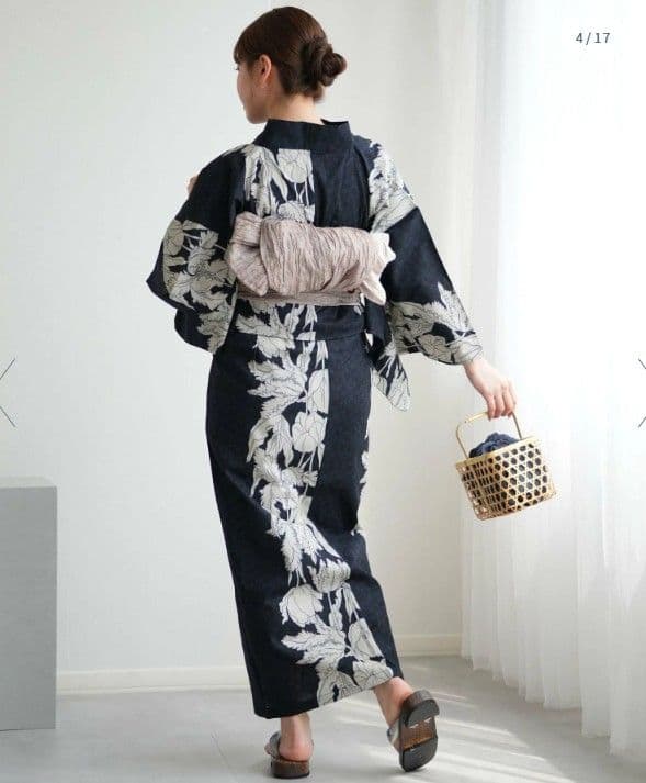 ネイビー 花柄 浴衣 帯付 セパレート 二部式浴衣3点セット