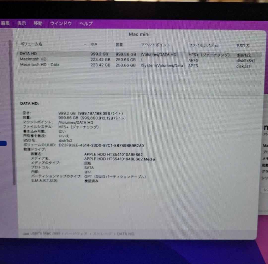 Mac mini SSD256GB/HDD1TB/メモリ8GB