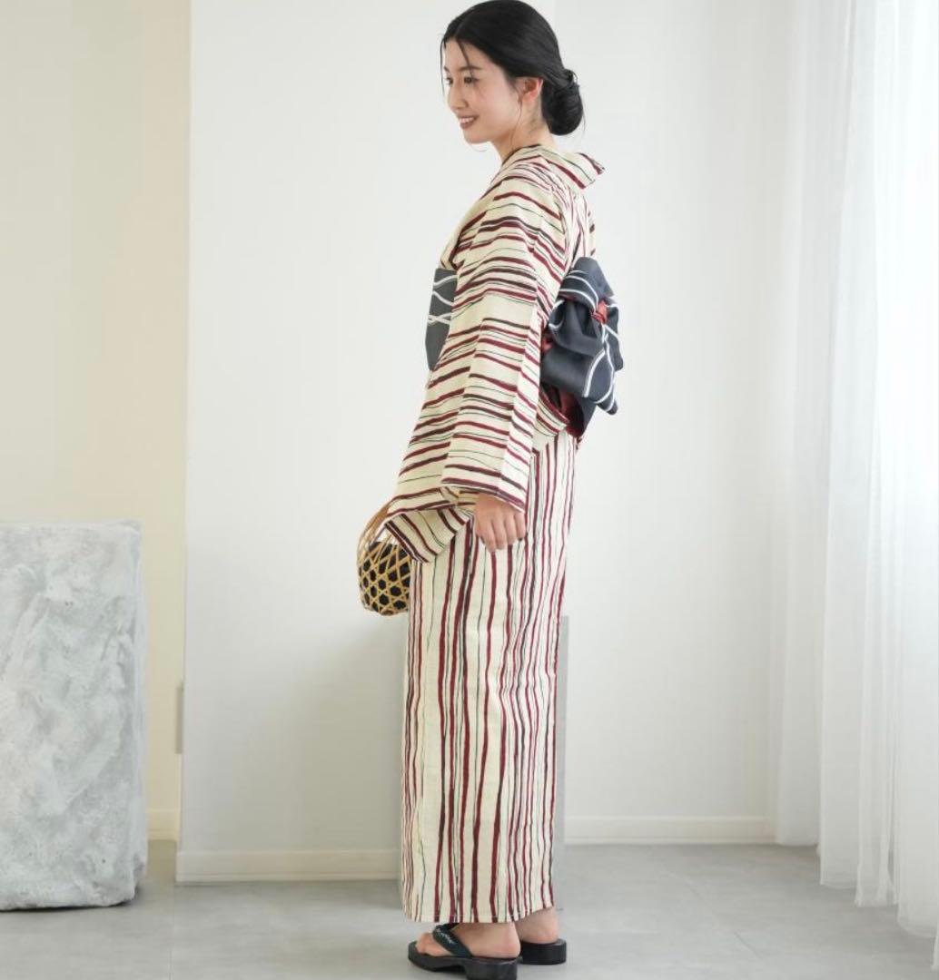 utatane 綿麻 先染めベージュ レトロ赤のよろけ縞　浴衣と帯セット