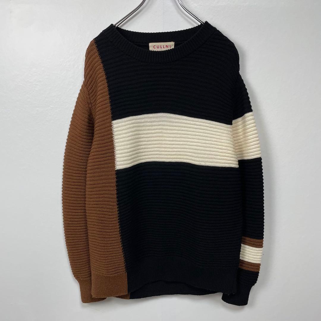 CULLNI ブロックパターン　切替リブ編みクルーネックニットセーター