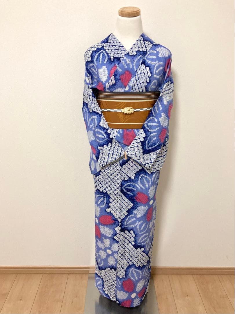 お盆セール！　浴衣　有松鳴海絞り　葉と花　裄67.5cm