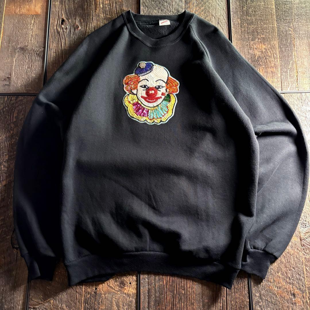 80s USA製　ジャージーズ　ラグランスウェット　ピエロスパンコール刺繍XL.