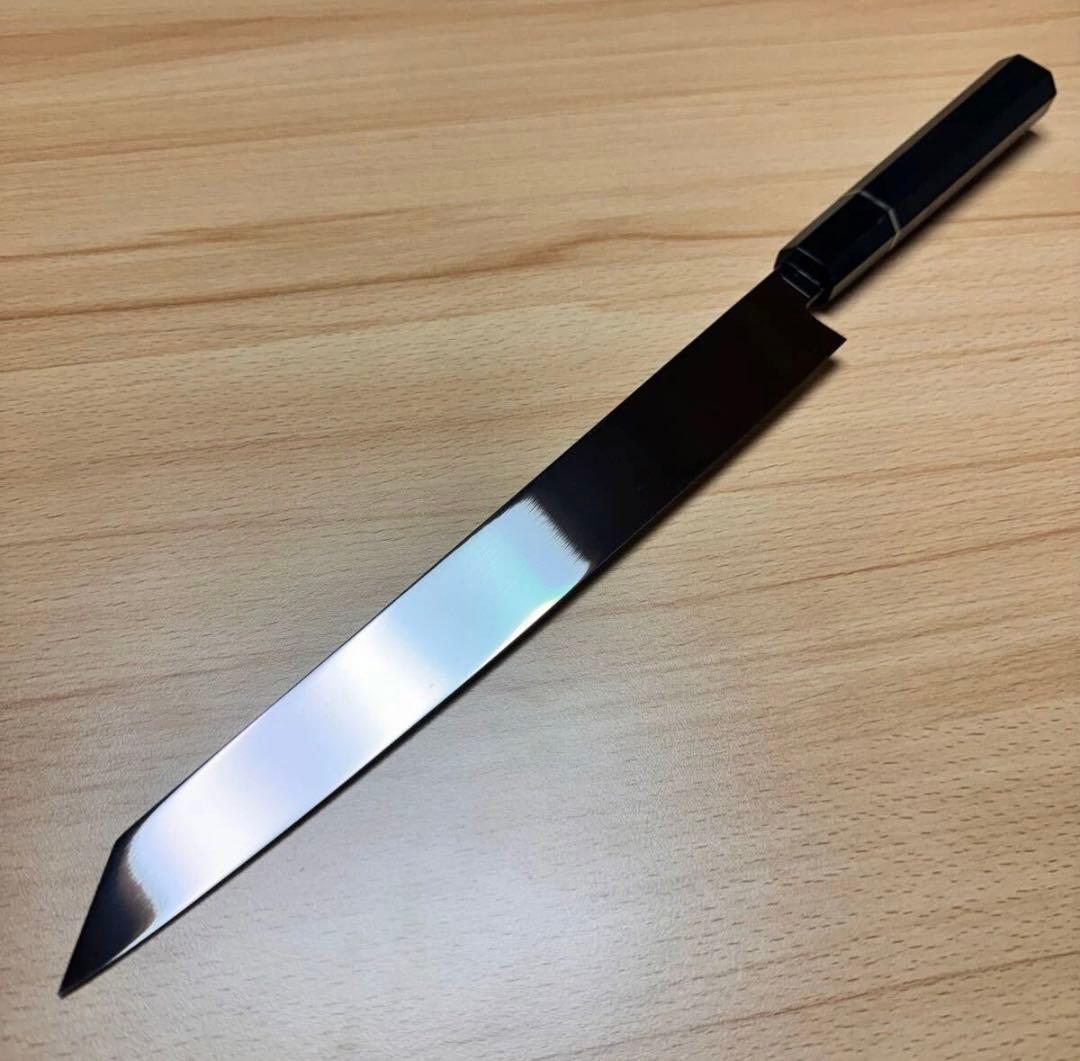 切付柳刃包丁　鏡面　黒檀本牛角八角柄　刺身包丁　（全鋼）