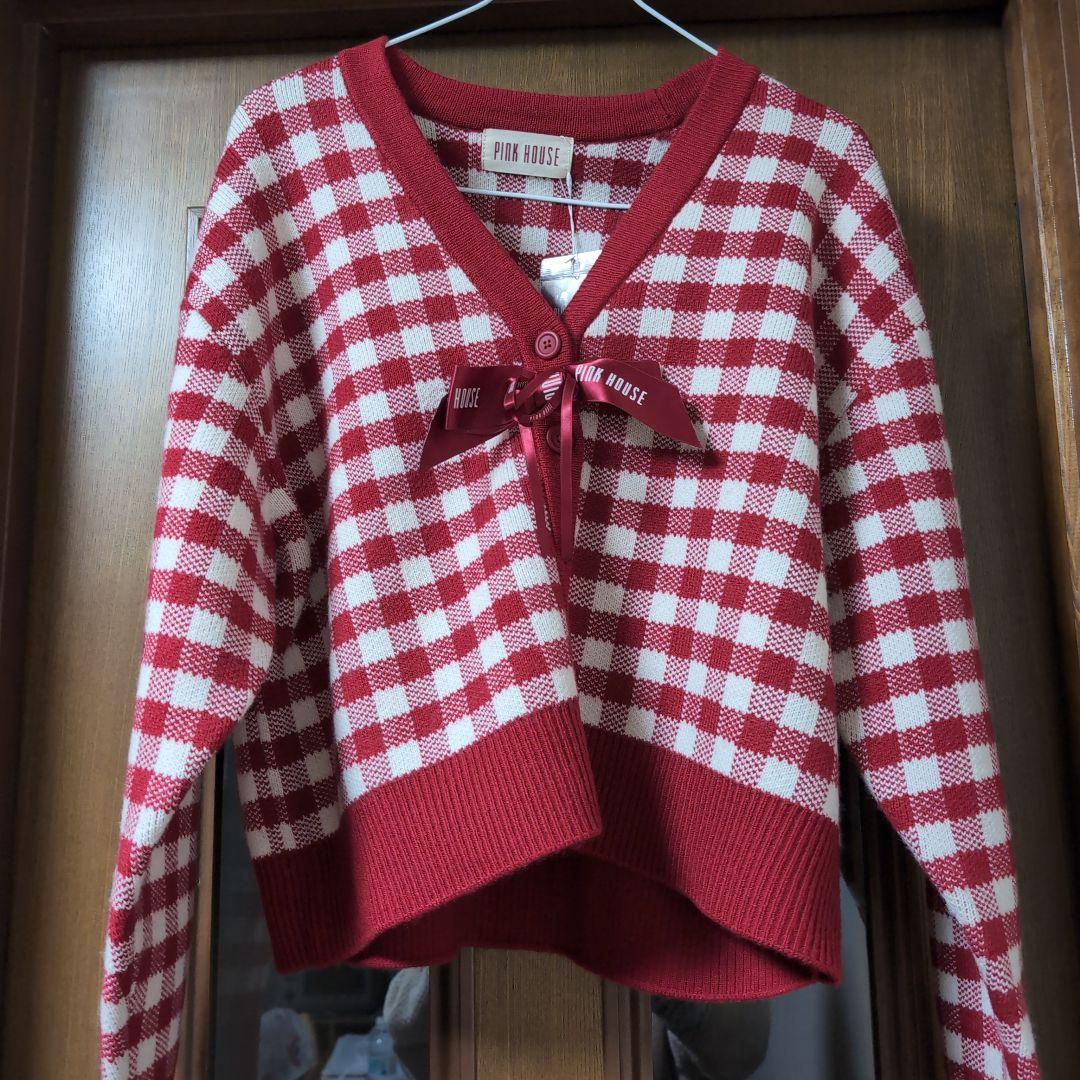 ピンクハウスの赤ブロックギンガムカ―ディガン