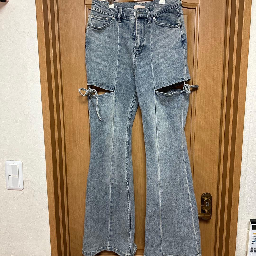 RESEXXY カットアウトリボンデニムパンツ ライトブルー M