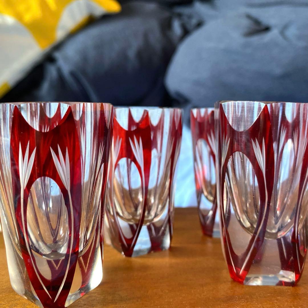 切子　ショットグラス　赤　アンティーク　8客セット