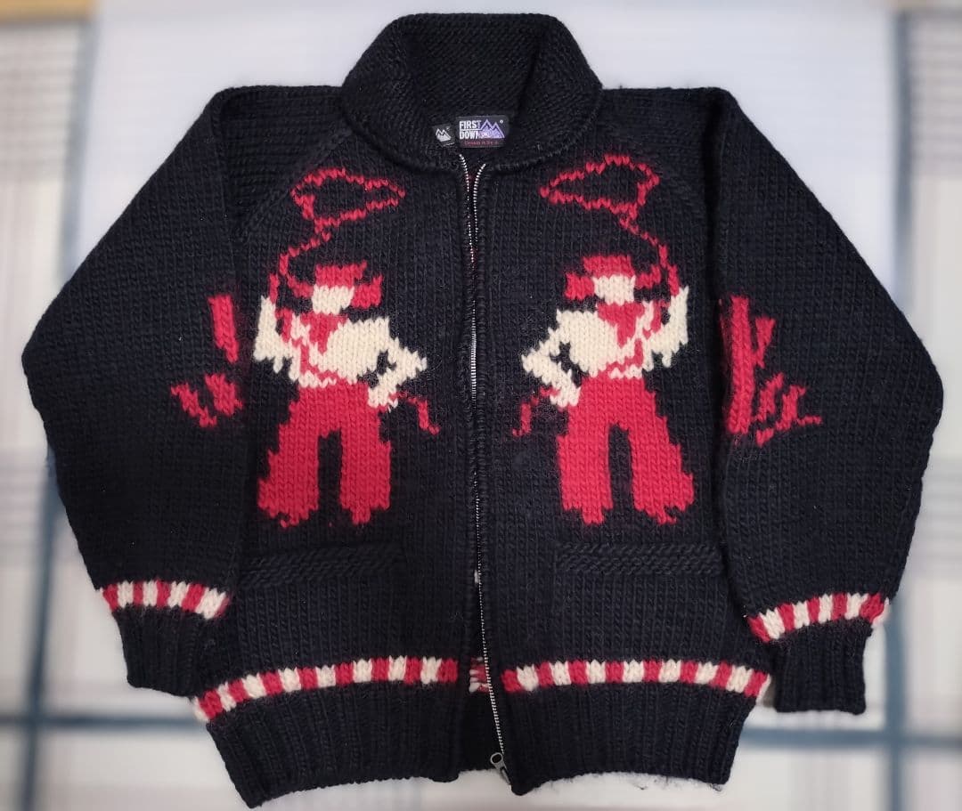 【Lサイズ】FIRST DOWN カウチンニット 黒　カウボーイ柄