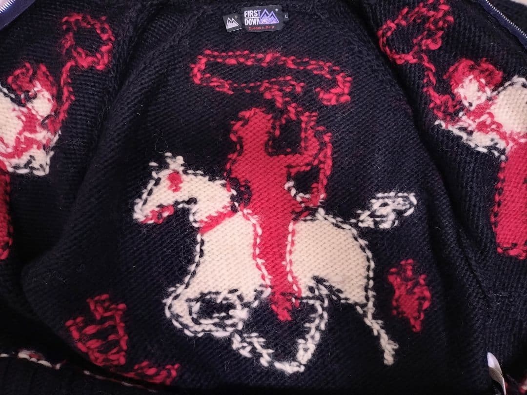 【Lサイズ】FIRST DOWN カウチンニット 黒　カウボーイ柄