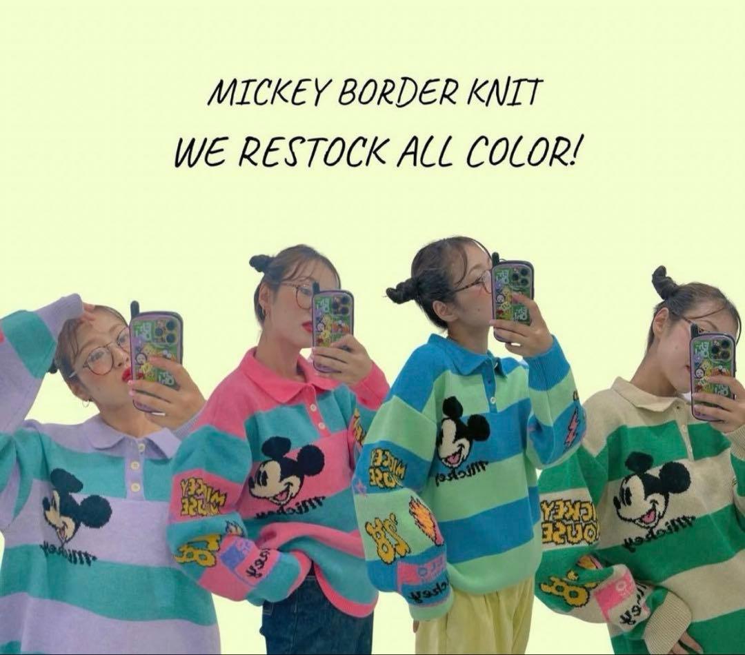 ディズニー ミッキー ハーフボタン ボーダーニット　LINK@/リンクアット