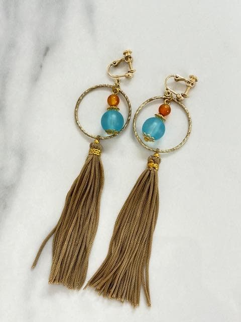 超美品★モンゴル民族衣装デール＆タッセルイヤリングセット ステージ用 水色、金茶