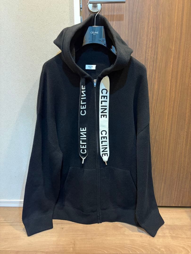 CELINE 黒 パーカー フード付き　XL カシミヤ　ジップ