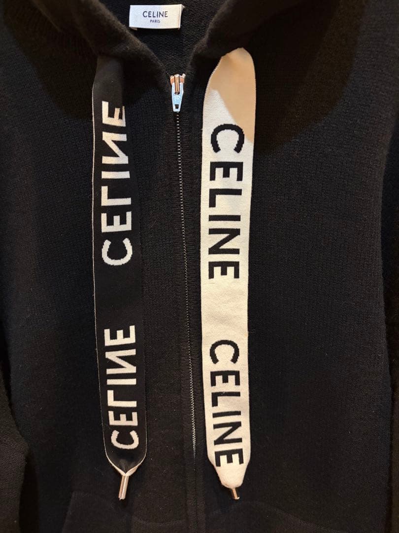 CELINE 黒 パーカー フード付き　XL カシミヤ　ジップ