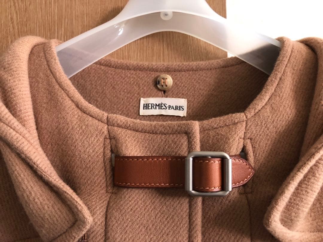 HERMES ベージュ ダッフルコート フード付き