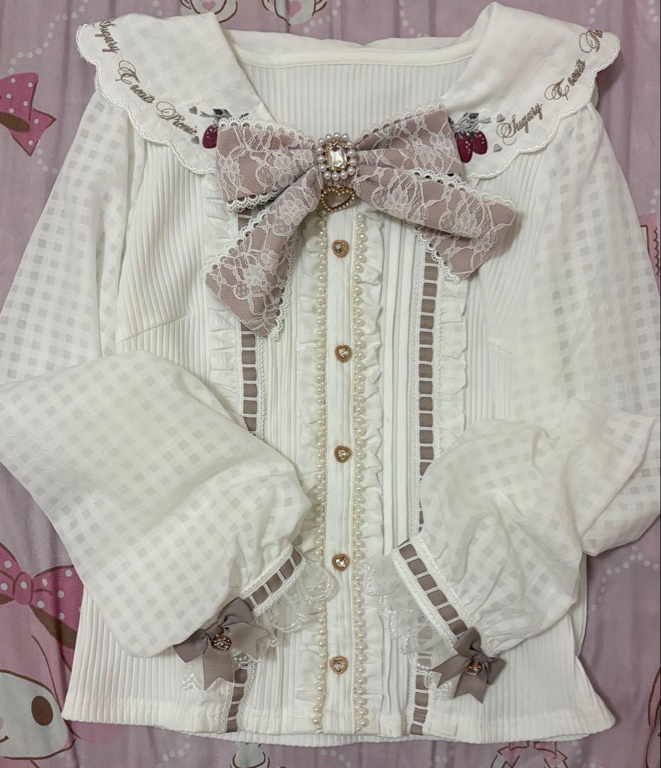 リズリサ ストロベリー 刺繍 セーラー リブ ブラウス ピンク