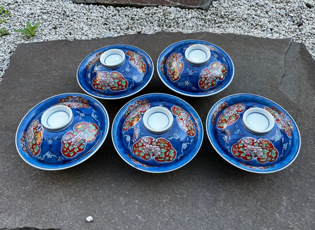 有田焼　昭栄窯　古伊万里　蓋付き丼ぶり　5つセット　染付　金彩　染錦　アラ煮