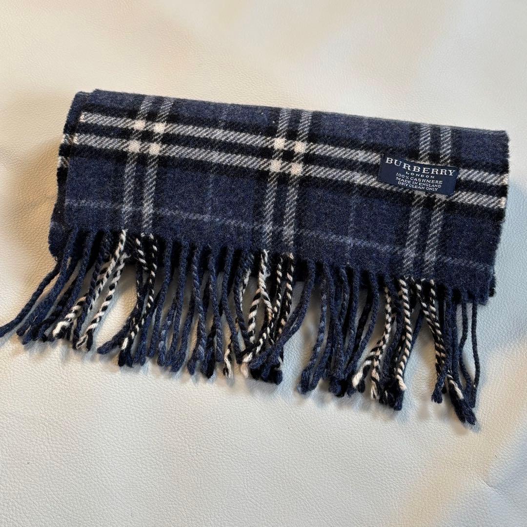 【極美品】バーバリーロンドン カシミヤ100% マフラー ネイビー ノバチェック