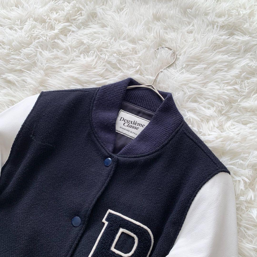 【ドゥーズィエムクラス】ジャケット スタジャン ブルゾン 切替 レザー　紺 白