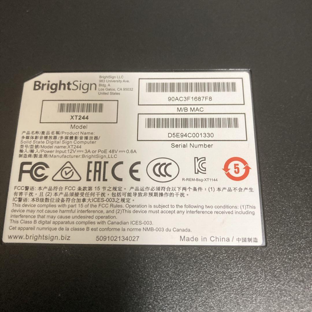 【美品】BrightSign XT244 デジタルサイネージプレーヤー XT4