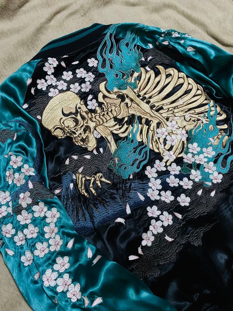 ２面用 絡繰魂 骸骨 桜 日本限定 スカジャン unisex レーヨン グリーン