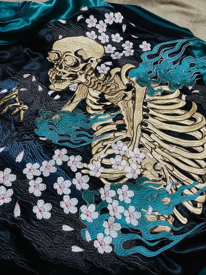 ２面用 絡繰魂 骸骨 桜 日本限定 スカジャン unisex レーヨン グリーン