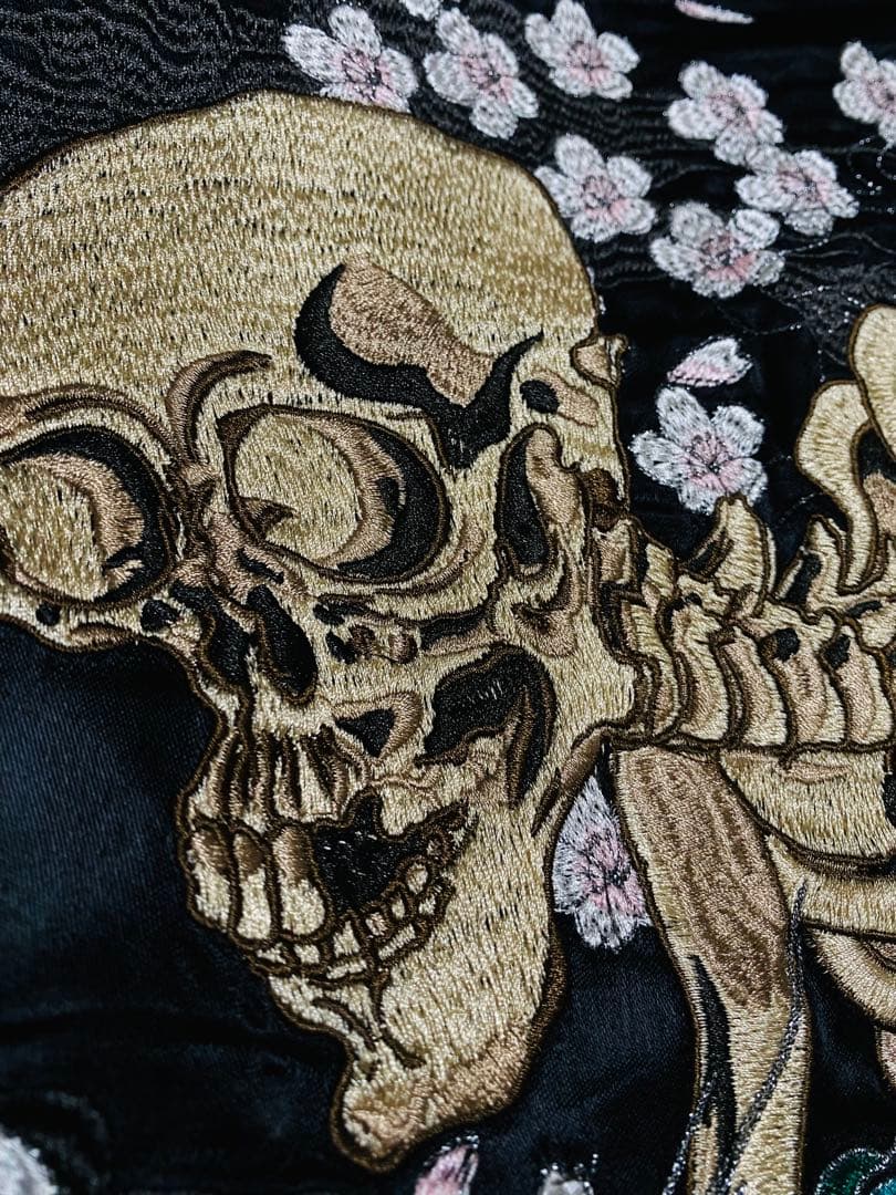 ２面用 絡繰魂 骸骨 桜 日本限定 スカジャン unisex レーヨン グリーン