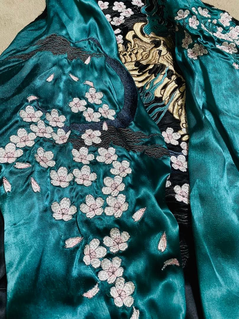 ２面用 絡繰魂 骸骨 桜 日本限定 スカジャン unisex レーヨン グリーン