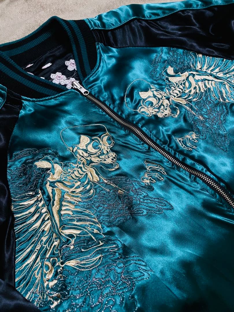 ２面用 絡繰魂 骸骨 桜 日本限定 スカジャン unisex レーヨン グリーン