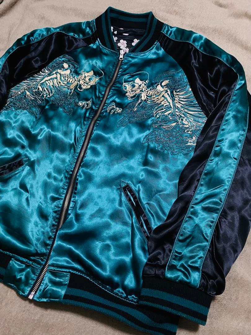 ２面用 絡繰魂 骸骨 桜 日本限定 スカジャン unisex レーヨン グリーン