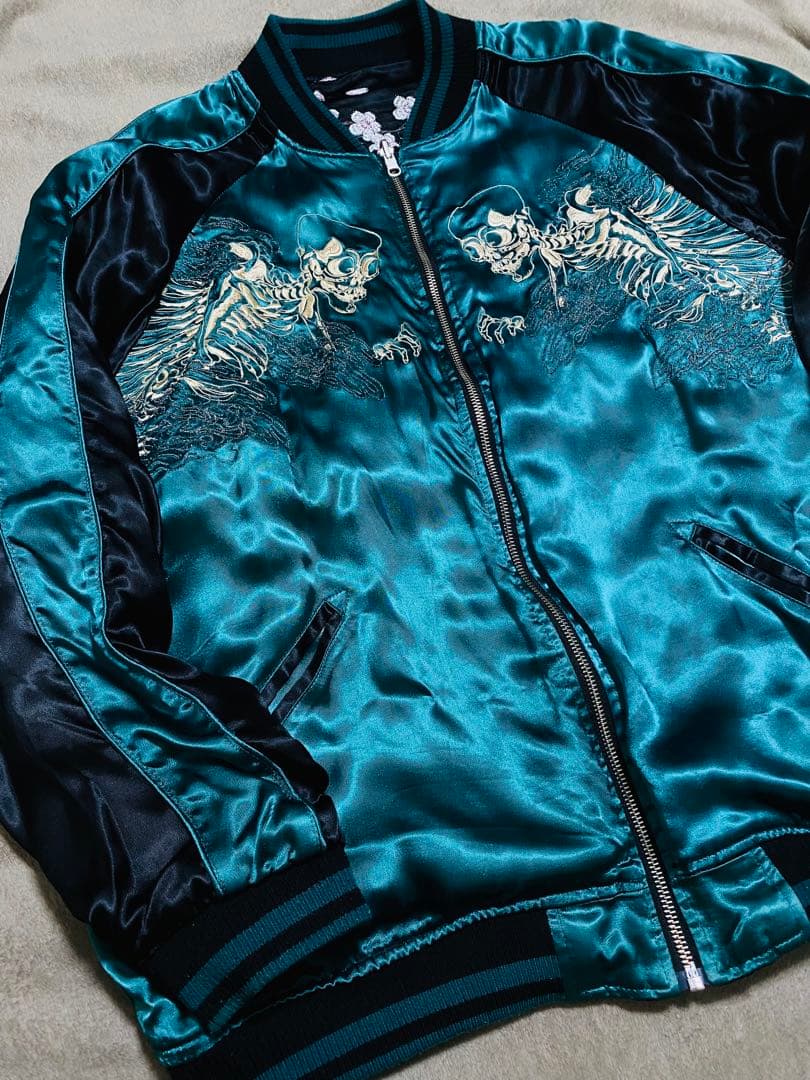 ２面用 絡繰魂 骸骨 桜 日本限定 スカジャン unisex レーヨン グリーン