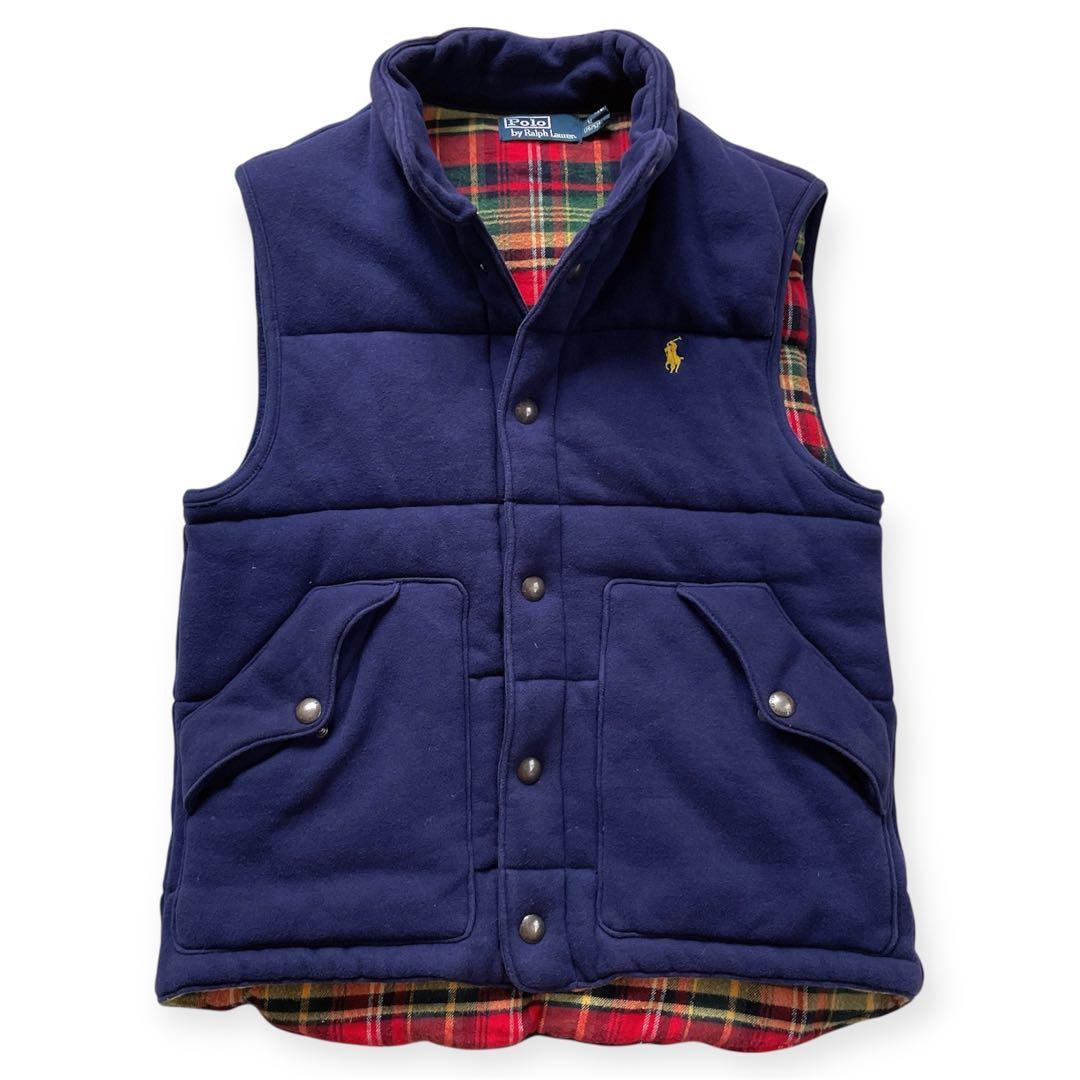 ポロバイラルフローレン M 中綿 ダウンベスト 裏地チェック ポニー　肉厚　紺