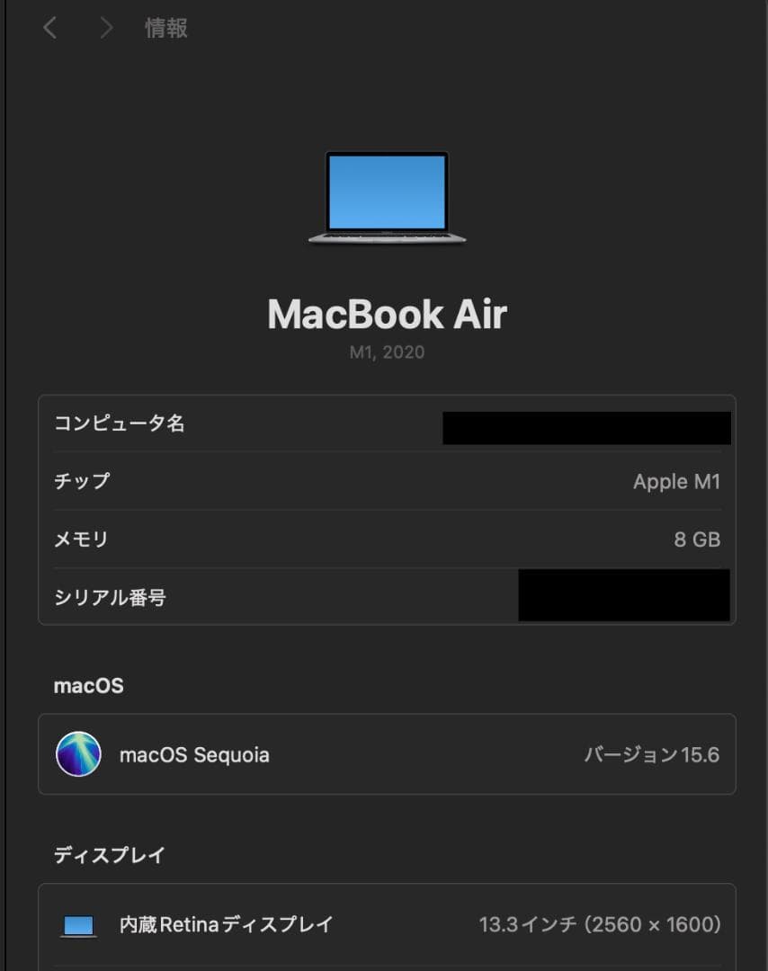 MacBook Air M1　メモリ8GB SSD 256GB スペースグレイ