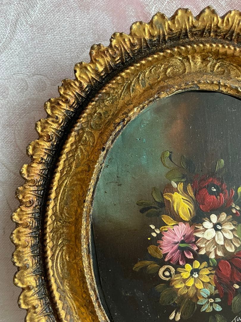 アンティーク☆花束の絵画 金属製フレーム付き