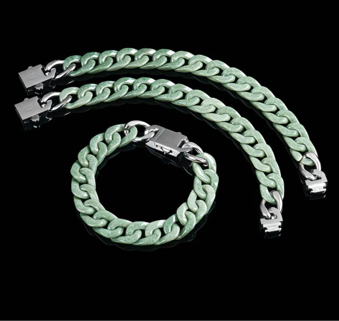 翡翠　ブレスレット　メンズ　エメラルドジャードキューバンチェーン 本物　鑑定書付