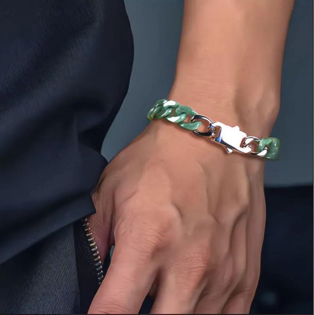 翡翠　ブレスレット　メンズ　エメラルドジャードキューバンチェーン 本物　鑑定書付