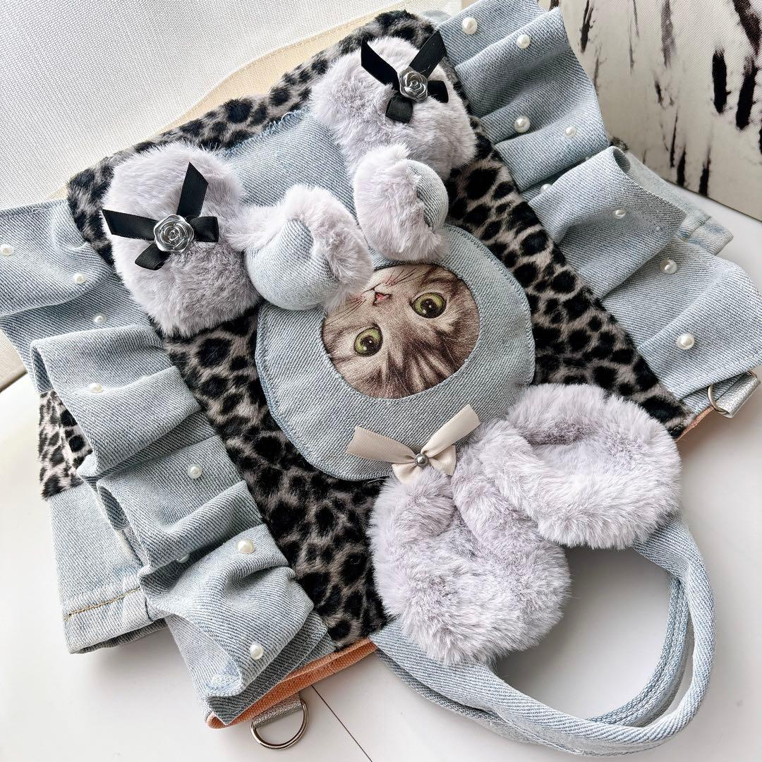 コヤンイサムチョン　バック　デニム×レオパード　パールフリル