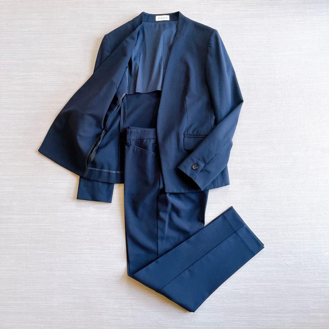 ＊美品【プラステ】セットアップ　パンツスーツ　カラーレスジャケット 　ネイビー