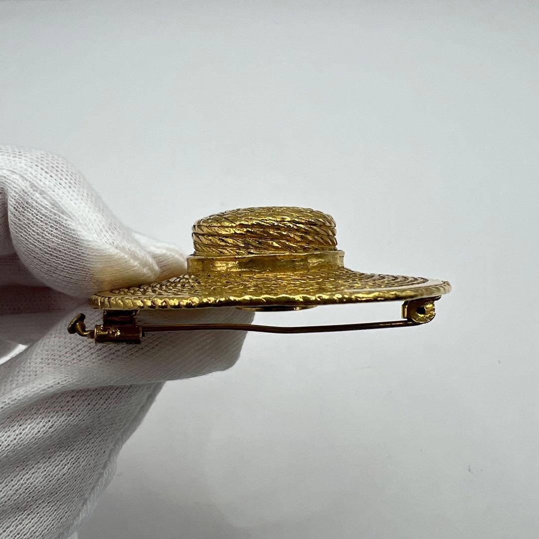【極美品】シャネル ブローチ 麦わら帽子 ゴールド リボン