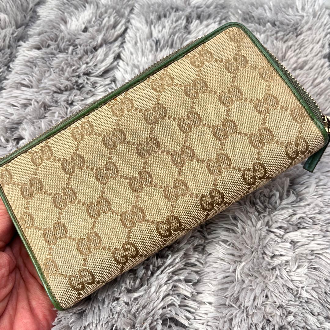 GUCCI ✨GGキャンバス　L字ファスナー　グリーン　長財布　ラウンドジップ