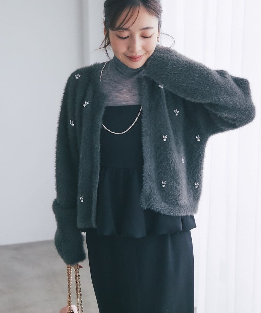 ※ななな※フェザーヤーンビジュー刺繍ジャケットカーディガン